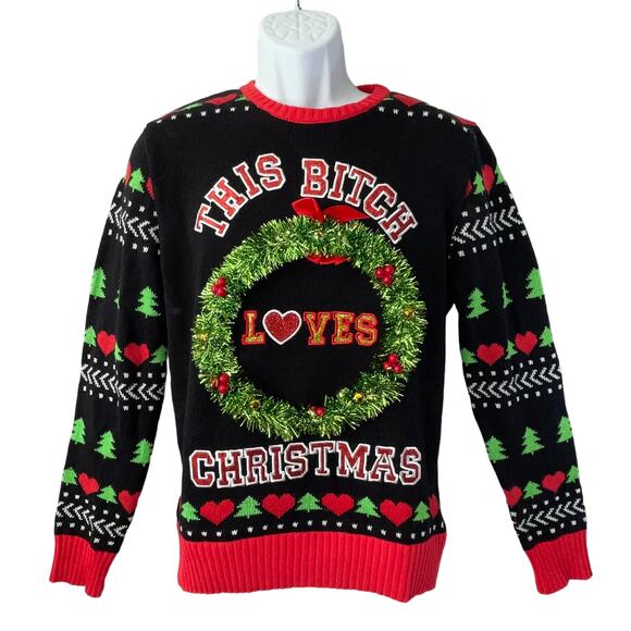 Spencer's THIS B?TCH LOVES CHRISTMAS Light Up 3D Tinsel Wreath Sweater Size S - Picture 1 of 4